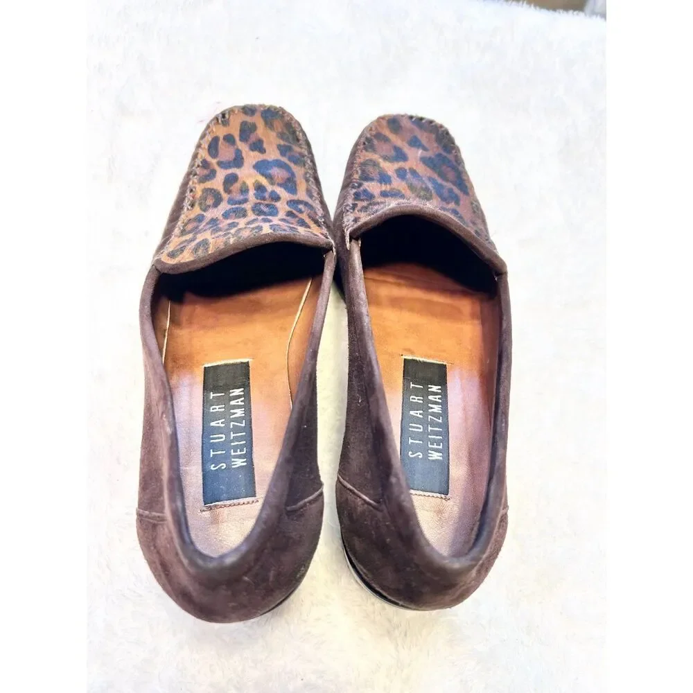 STUART WEITZMAN Brown Suede Animal Leopard Calf Hair Square Toe Loafers - Picture 7 of 9